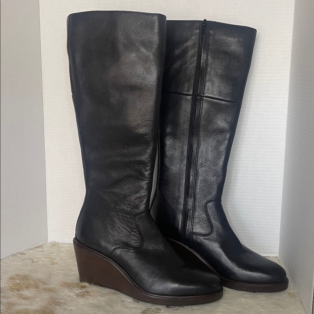 NEW Clark’s Leather Wedge ClarkDale 2 Hi Knee-High black boot sz 9 Knee Tall NWT